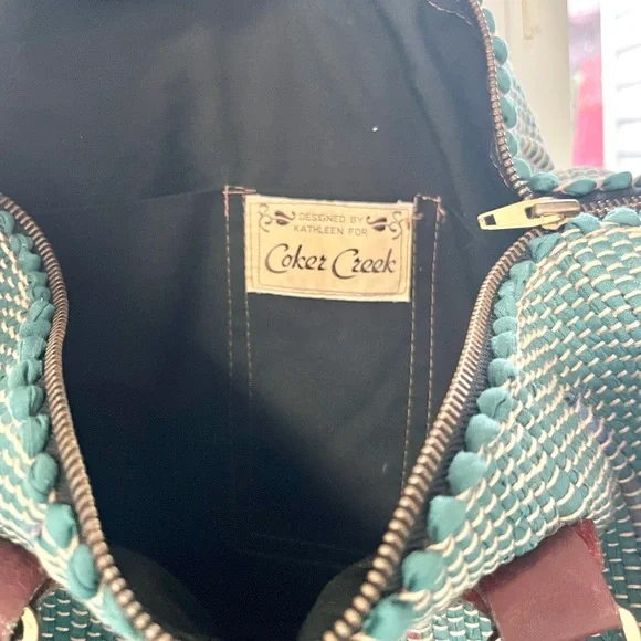 Vintage Hand Woven Leather Weekend Duffle Bag Teal Indie Hippie - Picture 6 of 8